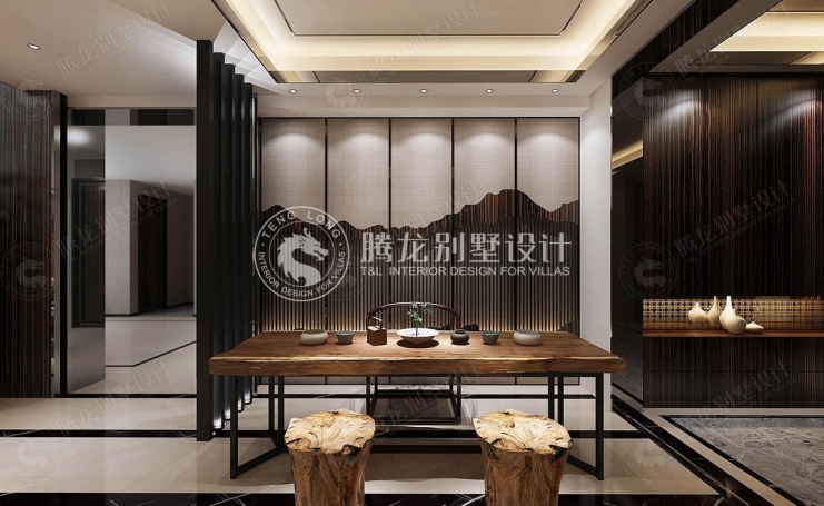 金华四方花园新中式风格别墅装修效果图-1