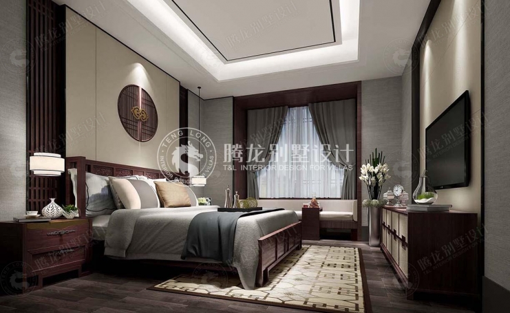 金华四方花园新中式风格别墅装修效果图-3