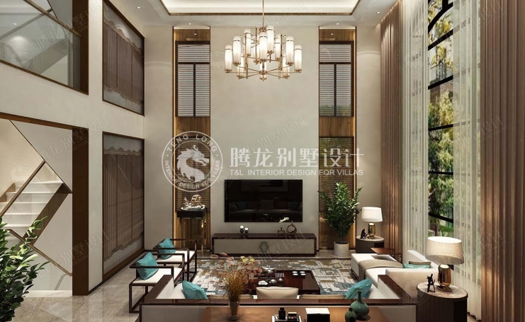 金华四方花园新中式风格别墅装修效果图-4