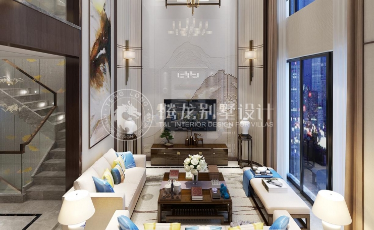 绿地海域天境新中式风格别墅装修效果图-3