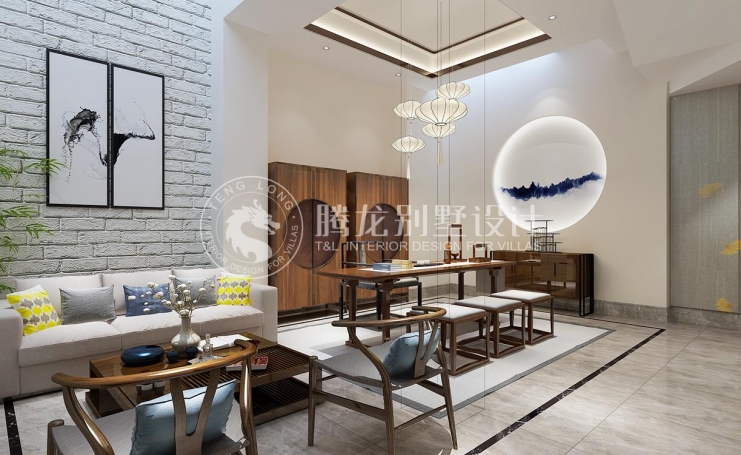 绿地海域天境新中式风格别墅装修效果图-4