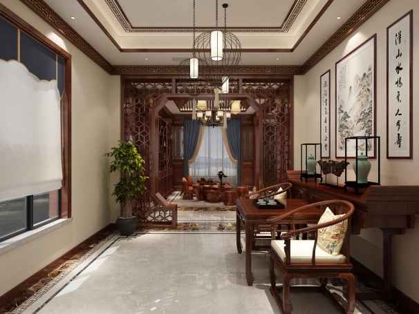 长泰西郊新中式风格别墅装修效果图-1