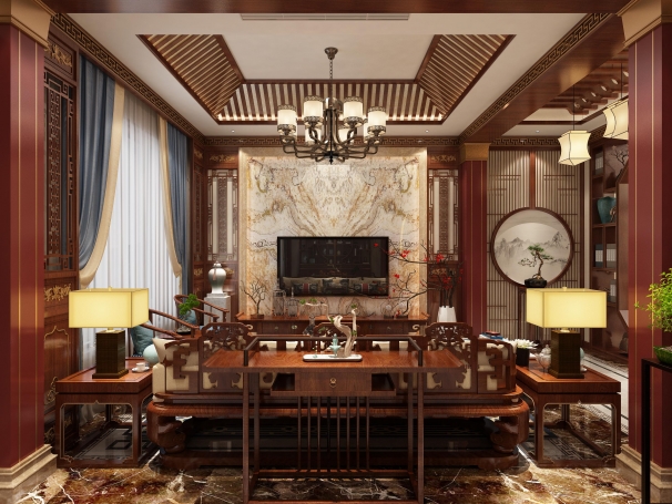 长泰西郊新中式风格别墅装修效果图-5