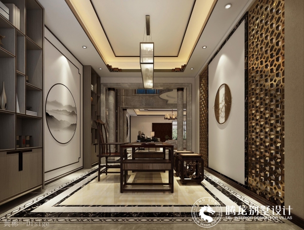 湖景高尔夫别墅新中式风格别墅装修效果图-2