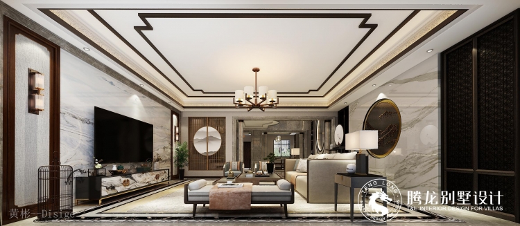 湖景高尔夫别墅新中式风格别墅装修效果图-8