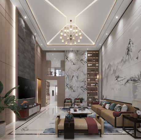 湖山在望新中式风格别墅装修效果图-6